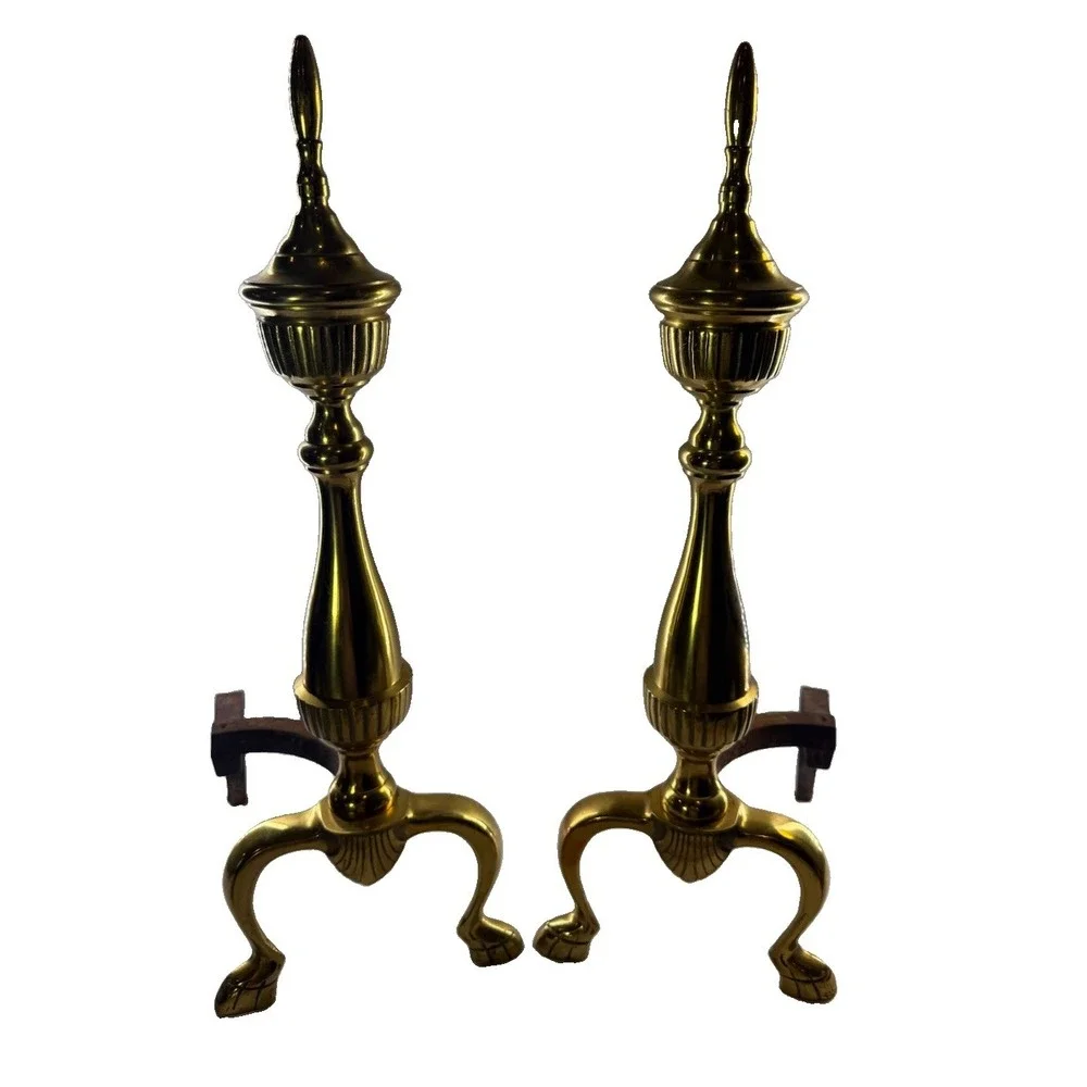 Vintage Pair Federal Style Brass & Iron Andirons Fire Dogs ~19